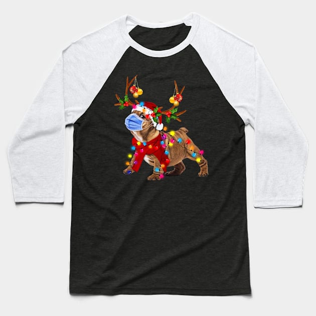 Bulldog Reindeer With Face Mask  Christmas Light Funny Shirt Baseball T-Shirt by Rozel Clothing